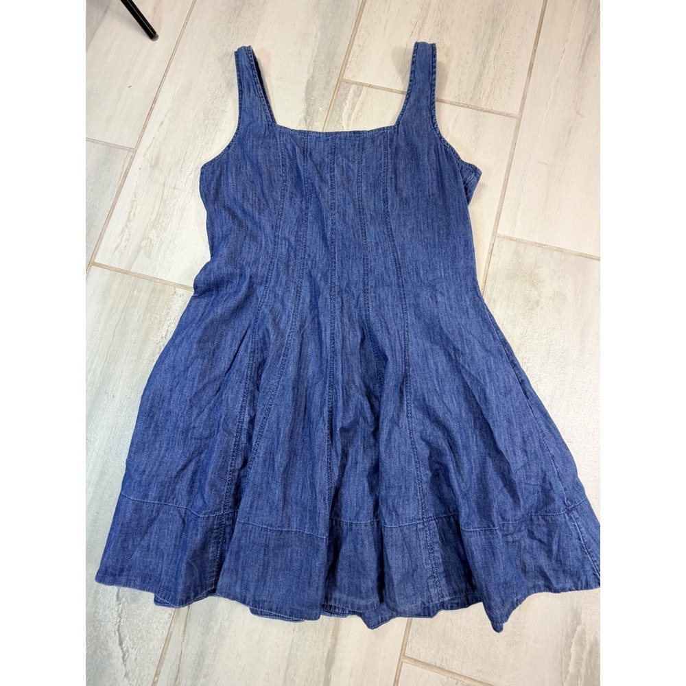 LOFT Denim Fit and Flare Dress Blue Medium Wash Cotton Square Neck Size 10